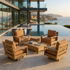 Anderson Teak 6-piece Madera teak wood outdoor sofa set with deep seating and colorful cushions for garden lounge.