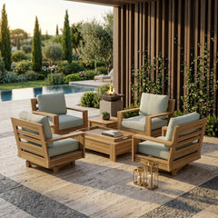 Anderson Teak 6-piece Madera teak wood outdoor sofa set with deep seating in a garden lounge setting, available in nine designer colors.