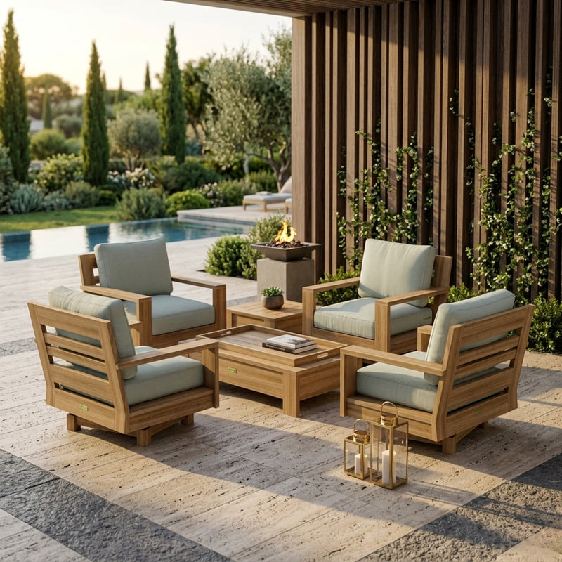 Anderson Teak 6-piece Madera teak wood outdoor sofa set with deep seating in a garden lounge setting, available in nine designer colors.