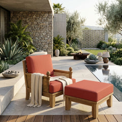 Anderson Teak Luxe Teak Wood deep seating patio set with 1 armchair and ottoman in cast mist color, outdoor garden lounge furniture.