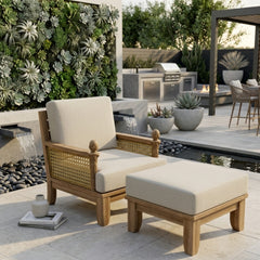 Anderson Teak Luxe Teak Wood deep seating patio set with 1 armchair and ottoman in Mist color, ideal for outdoor garden lounge.