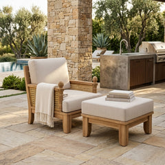 Anderson Teak Luxe Teak Wood Deep Seating Set with 1 armchair and ottoman in Mist color, perfect for outdoor garden lounge.