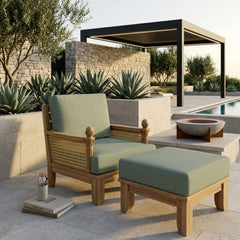 Anderson Teak Luxe Teak Wood deep seating set with 1 armchair and ottoman, outdoor patio furniture in mist color, stylish and durable.
