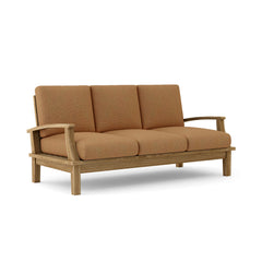 Anderson Teak Brianna Teak Wood outdoor patio 3-seater sofa with colorful cushions for garden lounge seating.