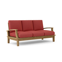 Anderson Teak Brianna teak wood outdoor 3-seater patio sofa in pomegranate, with plush cushions, for garden lounge.