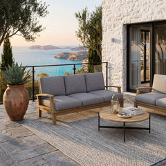 Anderson Teak Brianna Teak Wood outdoor 3-seater patio sofa in cast pomegranate, designed for garden lounge, available in 9 colors.