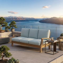 Anderson Teak Brianna Teak Wood outdoor 3-seater patio sofa with colorful cushions for garden lounge.