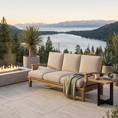 Anderson Teak Brianna Teak Wood outdoor 3-seater patio sofa in Pomegranate, designed for garden lounge, available in 9 colors.