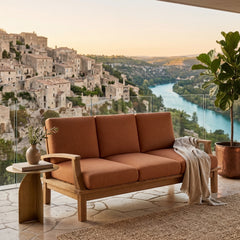 Anderson Teak Brianna Teak Wood outdoor patio 3-seater sofa in cast pomegranate with colorful cushions for garden lounge.