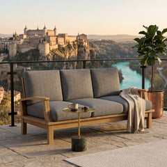 Anderson Teak Brianna Teak Wood outdoor 3-seater patio sofa in cast pomegranate, designed for garden lounge, available in 9 colors.