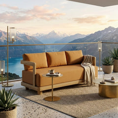 Anderson Teak Granada teak wood outdoor 3-seater sofa with cast pomegranate finish, perfect for garden lounge seating.
