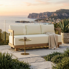 Anderson Teak Granada Teak Wood 3-Seater Outdoor Sofa with colorful cushions for garden patio lounge.
