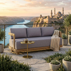 Anderson Teak Granada teak wood outdoor 3-seater sofa in cast pomegranate color for garden lounge seating.