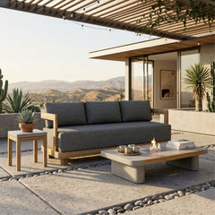 Anderson Teak Granada teak wood outdoor 3-seater sofa with colorful cushions for garden lounge patio seating.