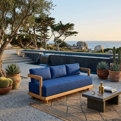 Anderson Teak Granada Teak Wood 3-Seater Outdoor Sofa with colorful cushions for garden lounge and patio seating.