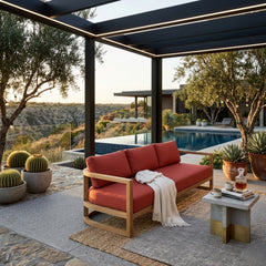 Anderson Teak Junus teak wood 4-seat outdoor patio sofa in pomegranate, perfect for garden lounge with 9 designer colors