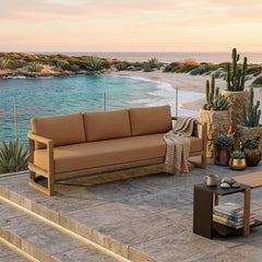 Anderson Teak Junus teak wood 4-seat outdoor patio sofa in cast pomegranate color, perfect for garden lounge spaces.