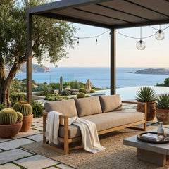 Anderson Teak Junus Teak Wood 4-seat outdoor patio sofa in Pomegranate, ideal for garden lounge with 9 designer color options