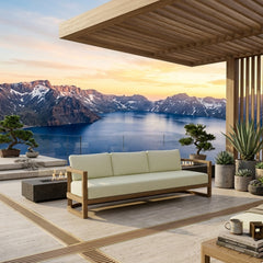 Anderson Teak Junus teak wood 4-seat outdoor patio sofa in pomegranate color, designed for garden lounge comfort.