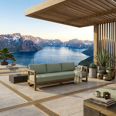 Anderson Teak Junus teak wood 4-seat outdoor patio sofa in vibrant pomegranate color, designed for garden lounge comfort.