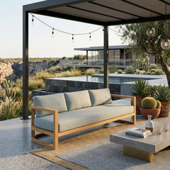 Anderson Teak Junus Teak Wood 4-seat outdoor patio sofa in vibrant pomegranate color, suitable for garden lounge areas.