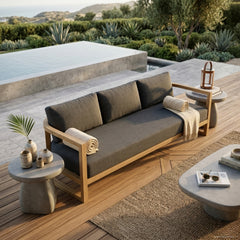Anderson Teak JUNUS teak wood 4-seat outdoor patio sofa in Pomegranate color, designed for garden lounge comfort.