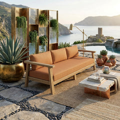 Anderson Teak Palermo teak wood outdoor 3-seater sofa in pomegranate color, perfect for garden lounge seating.