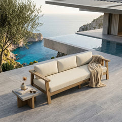 Anderson Teak Palermo teak wood outdoor 3-seater patio sofa with colorful cushions, designed for garden lounge seating.