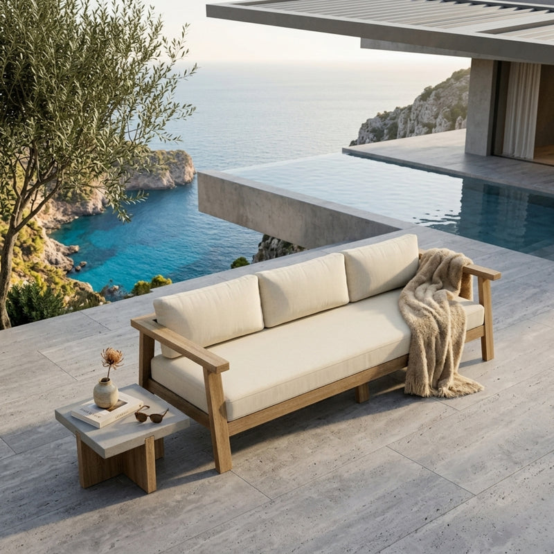Anderson Teak Palermo teak wood outdoor 3-seater patio sofa with colorful cushions, designed for garden lounge seating.