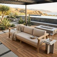 Anderson Teak Palermo teak wood outdoor patio 3-seater sofa in cast pomegranate color for garden lounge seating.