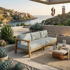 Anderson Teak Palermo Teak Wood Outdoor 3-Seater Sofa in Pomegranate, garden lounge seating with 9 designer colors.