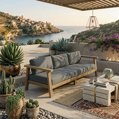 Anderson Teak Palermo teak wood outdoor 3-seater sofa in vibrant pomegranate color, ideal for garden lounge seating.