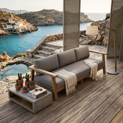 Anderson Teak Palermo teak wood outdoor 3-seater sofa with colorful cushions for garden lounge and patio seating.