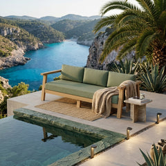 Outdoor Palermo Teak Wood 3-seater sofa by Anderson Teak, in cast pomegranate color, perfect for garden lounge seating.