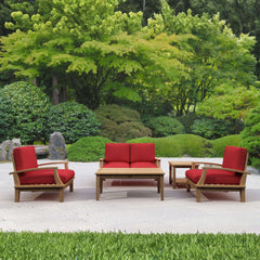Anderson Teak Brianna teak wood outdoor patio sofa set in cast pomegranate, includes multiple seating pieces for garden lounge.