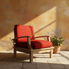 Anderson Teak Brianna teak wood outdoor sofa set with pomegranate cushions, part of the 9-color garden lounge patio furniture collection.