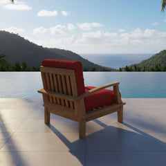 Anderson Teak Brianna Teak Wood Outdoor Patio Sofa Set with plush cushions in pomegranate red, perfect for garden lounge seating.