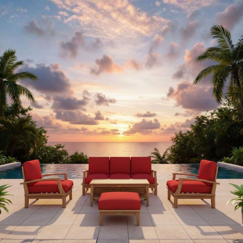 Anderson Teak Brianna Teak Wood Seating outdoor patio sofa set in cast pomegranate with cushions for garden lounge.