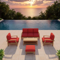 Anderson Teak Brianna teak wood outdoor patio sofa set with colorful cushions, perfect for garden lounge and outdoor entertaining.