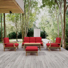 Anderson Teak Brianna Teak Wood Outdoor Sofa Set with pomegranate cushions, designed for garden patio lounge in vibrant colors.