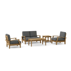 Anderson Teak Brianna teak wood outdoor sofa set with colorful cushions, garden lounge seating for patio and outdoor gatherings.