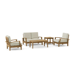 Anderson Teak Brianna Teak Wood Seating outdoor patio sofa set in cast pomegranate, with cushions, for garden lounge.