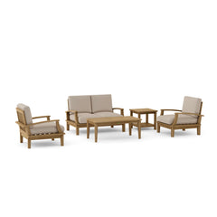 Anderson Teak Brianna teak wood outdoor sofa set in cast pomegranate, designed for garden lounge and patio conversation.