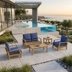 Anderson Teak Brianna Teak Wood Outdoor Patio Sofa Set in Pomegranate, includes spacious garden lounge seating with colorful cushions.
