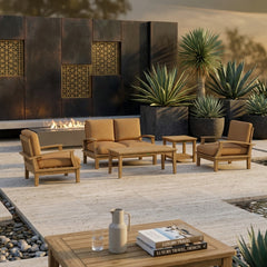 Anderson Teak Brianna Teak Wood Outdoor Patio Sofa Set in Pomegranate with comfortable seating for garden lounge.