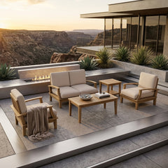 Anderson Teak Brianna teak wood outdoor sofa set with plush cushions, in vibrant pomegranate color, designed for garden lounge comfort.