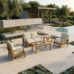 Anderson Teak Brianna teak wood outdoor patio sofa set with colorful cushions for garden lounge seating.