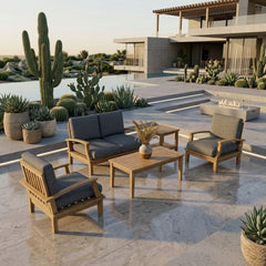 Anderson Teak Brianna teak wood outdoor sofa set with red cast finish, designed for garden lounge, featuring plush cushions and modern style.