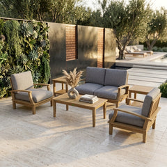 Anderson Teak Brianna Teak Wood Sofa set for outdoor patio, featuring comfortable seating in vibrant Pomegranate color.