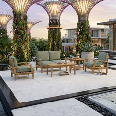 Anderson Teak Brianna teak wood outdoor sofa set with red cast finish, part of the 9-color garden lounge patio furniture collection.